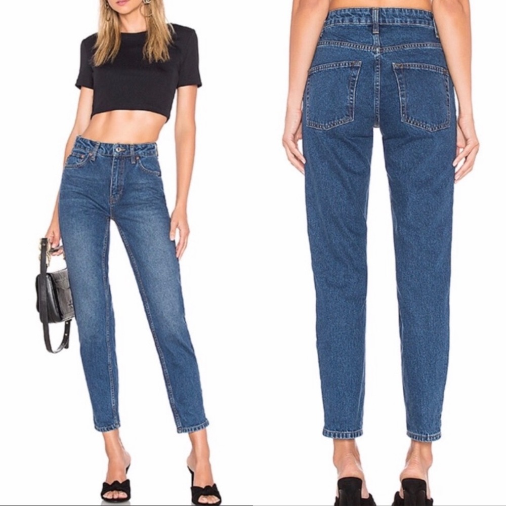 Free People High Rise Dark Denim Straight Leg Mom Jeans